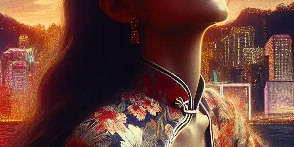 A captivating Asian woman in a seductive outfit against a vibrant Hong Kong skyline, embodying elegance and allure.