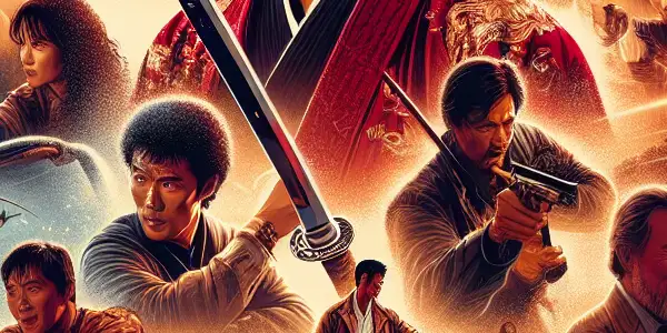 A dynamic cinematic poster featuring a heroic male lead with a sword, surrounded by action and emotional scenes.