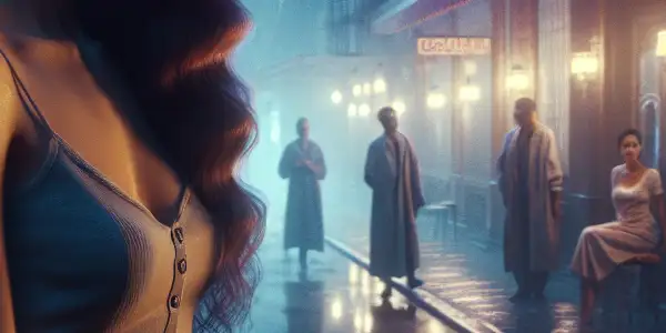 A mysterious beauty salon at night, with a contemplative woman observing its entrance amidst shadowy figures.