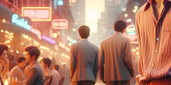 A romantic sunset scene in bustling Hong Kong, featuring a young couple and vibrant city life.