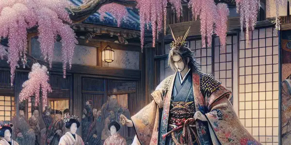 A serene Heian-era courtyard with Prince Genji amidst cherry blossoms and elegantly dressed courtiers, embodying romance and nostalgia.