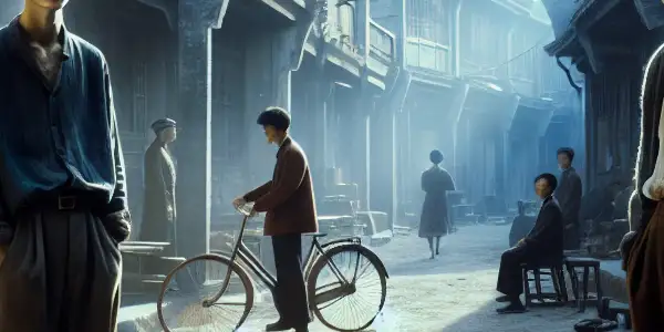 Two young men wander a desolate Shanxi town in 2002, accompanied by a complex woman amid aging buildings.