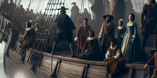 The Mayflower ship battles stormy seas as determined Pilgrims face the journey to the New World.