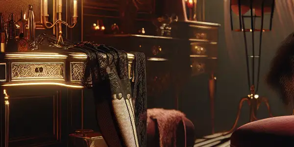 A dimly lit luxurious room featuring sheer stockings on a vintage chair, evoking themes of temptation and intrigue.